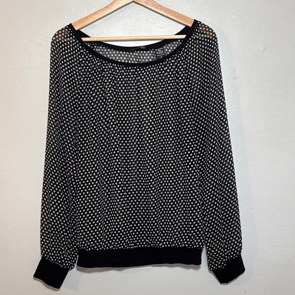 Women's Size S Y2K New York & Company Sheer Mesh Polka Dot Long Sleeve Blouse